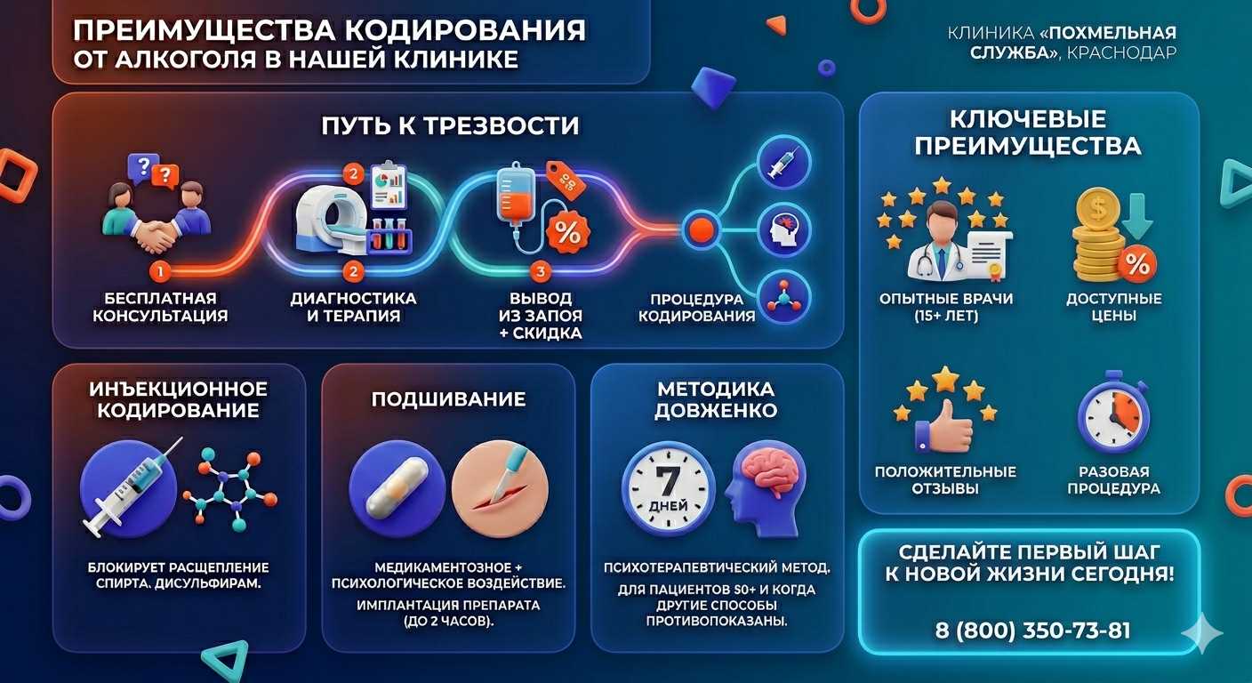 Инфографика о методах кодирования от алкоголя в Альметьевске: инъекции, подшивание, метод Довженко. Преимущества клиники и этапы лечения.