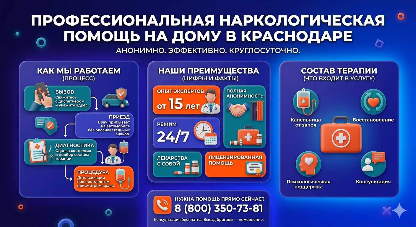 Инфографика о принципах лечения алкоголизма на дому в Альметьевске: этапы вызова нарколога, преимущества анонимной детоксикации и состав медицинской помощи.